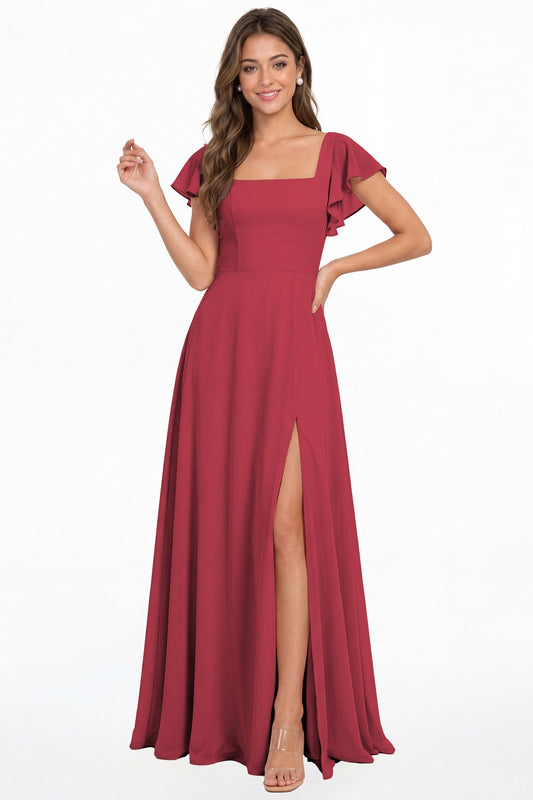 Desert Rose Square Neck Flutter Sleeve Chiffon Slit Maxi Dress - Front View