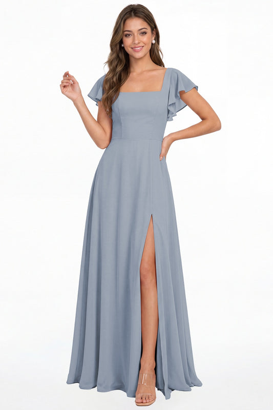 Dusty Blue Square Neck Flutter Sleeve Chiffon Slit Maxi Dress - Front View
