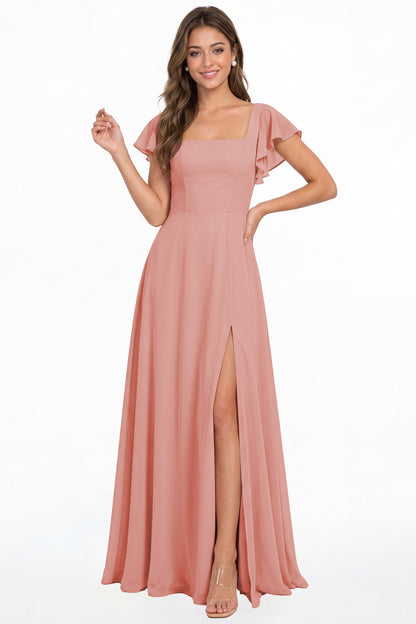 Dusty Rose Square Neck Flutter Sleeve Chiffon Slit Maxi Dress - Front View