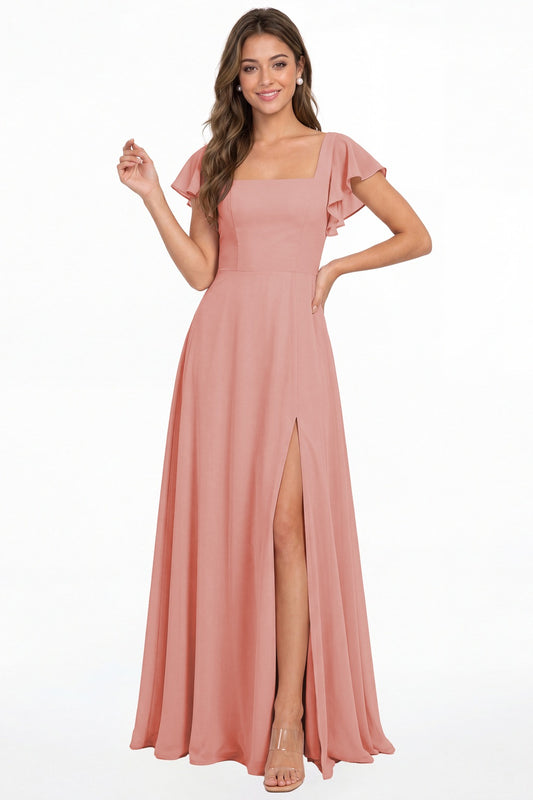 Dusty Rose Square Neck Flutter Sleeve Chiffon Slit Maxi Dress - Front View