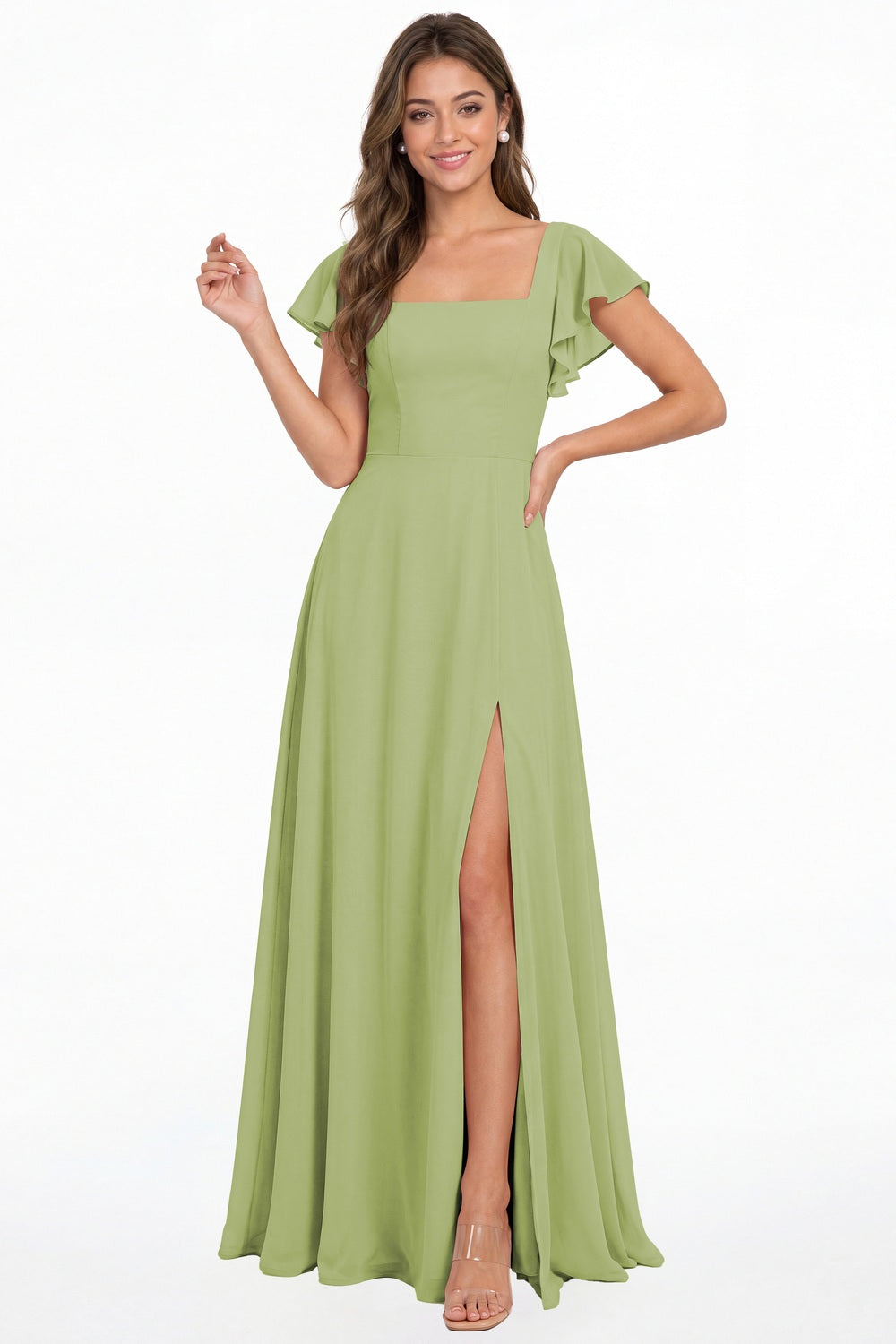 Dusty Sage Square Neck Flutter Sleeve Chiffon Slit Maxi Dress - Front View