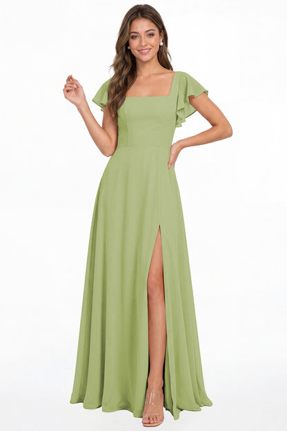 Dusty Sage Square Neck Flutter Sleeve Chiffon Slit Maxi Dress - Front View