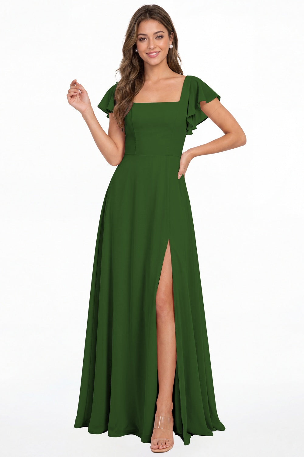 Emerald Green Square Neck Flutter Sleeve Chiffon Slit Maxi Dress - Front View
