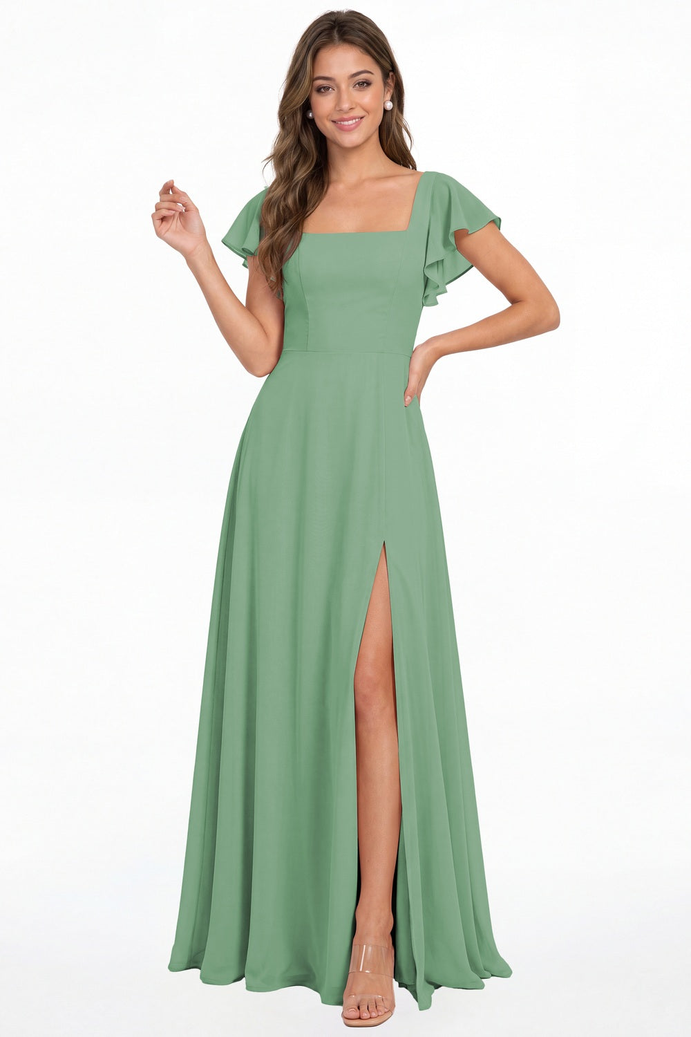 Eucalyptus Square Neck Flutter Sleeve Chiffon Slit Maxi Dress - Front View