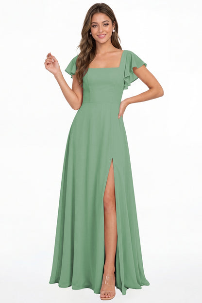 Eucalyptus Square Neck Flutter Sleeve Chiffon Slit Maxi Dress - Front View