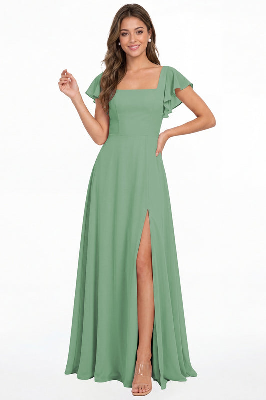 Eucalyptus Square Neck Flutter Sleeve Chiffon Slit Maxi Dress - Front View