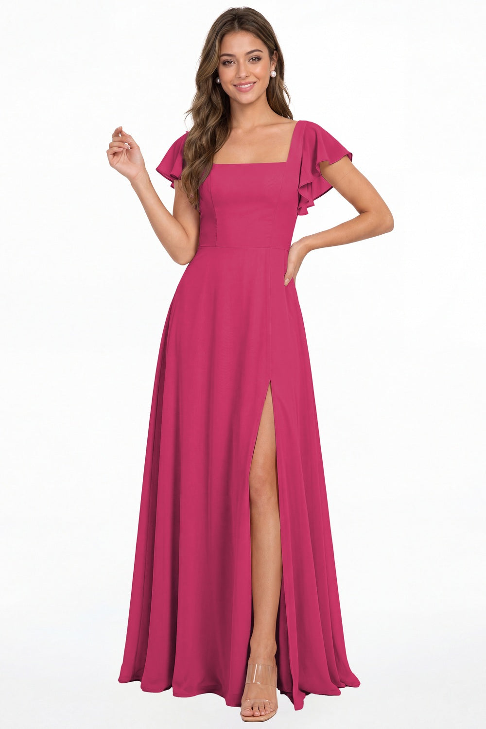 Fuchsia Square Neck Flutter Sleeve Chiffon Slit Maxi Dress - Front View
