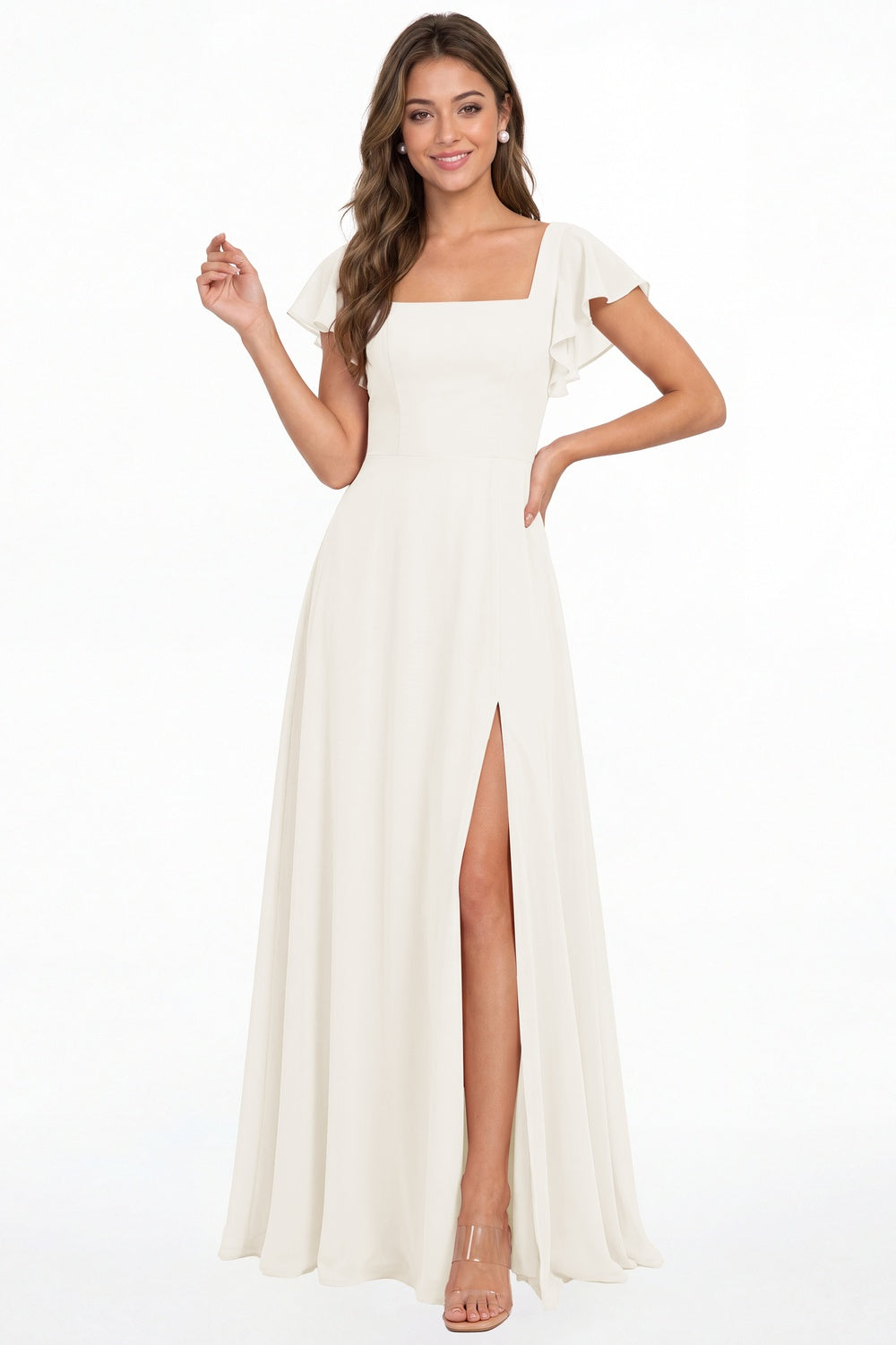Ivory Square Neck Flutter Sleeve Chiffon Slit Maxi Dress - Front View