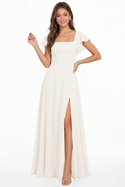 Ivory Square Neck Flutter Sleeve Chiffon Slit Maxi Dress - Front View