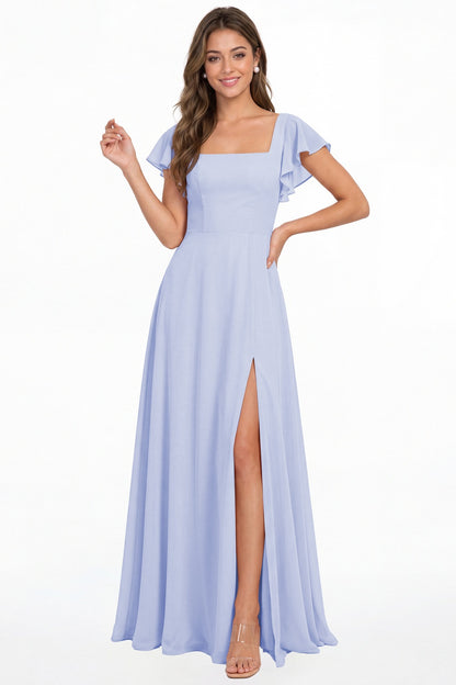 Lavender Square Neck Flutter Sleeve Chiffon Slit Maxi Dress - Front View