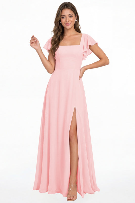 Light Pink Square Neck Flutter Sleeve Chiffon Slit Maxi Dress - Front View