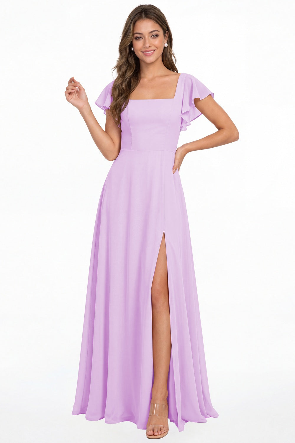 Lilac Square Neck Flutter Sleeve Chiffon Slit Maxi Dress - Front View