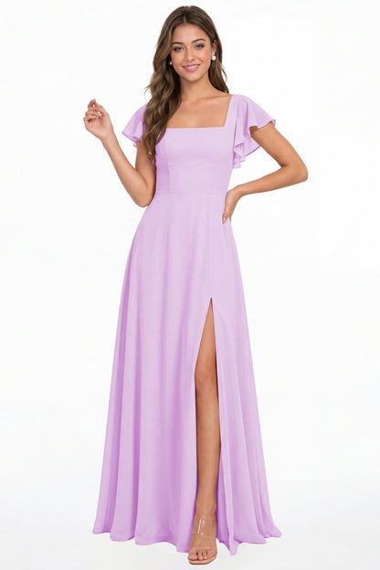 Lilac Square Neck Flutter Sleeve Chiffon Slit Maxi Dress - Front View