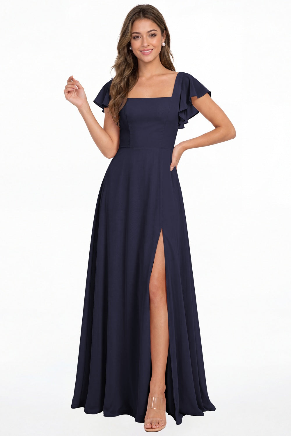 Navy Blue Square Neck Flutter Sleeve Chiffon Slit Maxi Dress - Front View