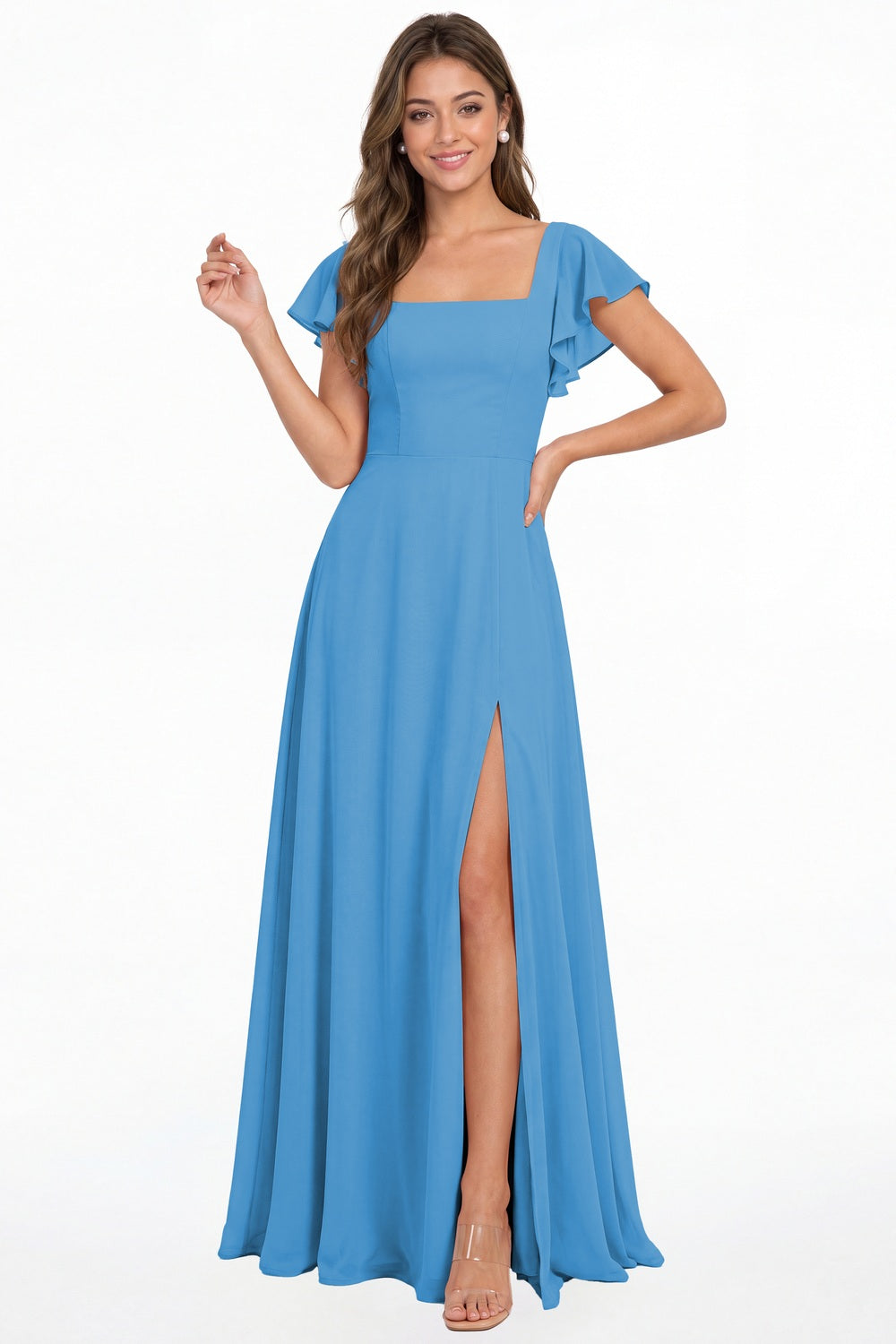 Ocean Blue Square Neck Flutter Sleeve Chiffon Slit Maxi Dress - Front View