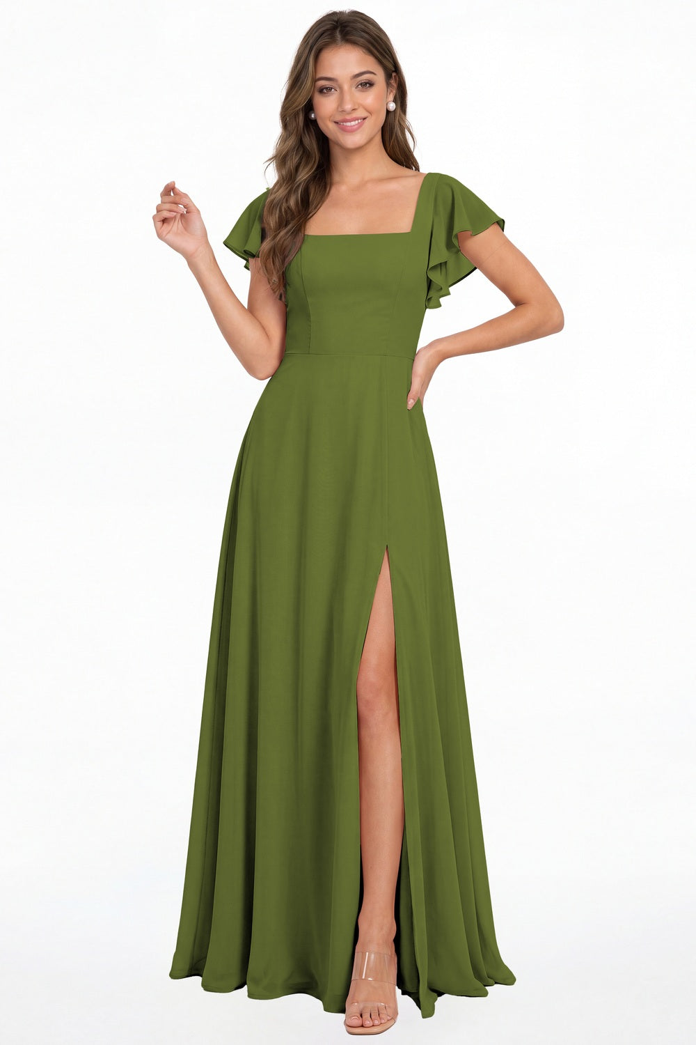 Olive Green Square Neck Flutter Sleeve Chiffon Slit Maxi Dress - Front View