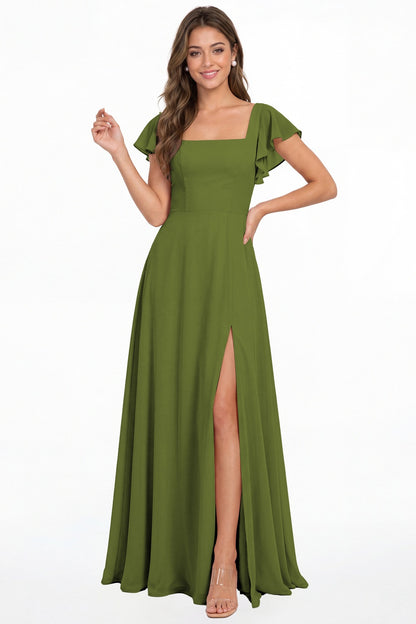 Olive Green Square Neck Flutter Sleeve Chiffon Slit Maxi Dress - Front View