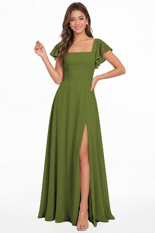 Olive Green Square Neck Flutter Sleeve Chiffon Slit Maxi Dress - Front View