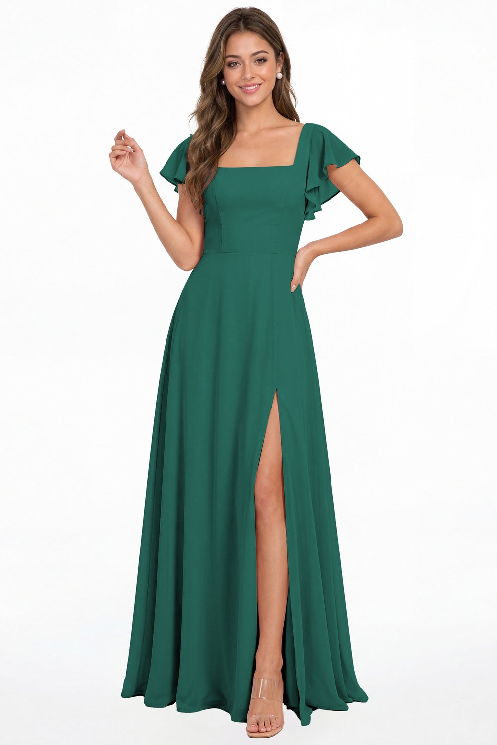 Peacock Square Neck Flutter Sleeve Chiffon Slit Maxi Dress - Front View