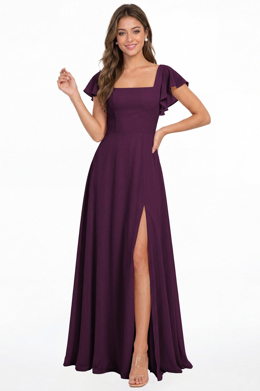 Plum Square Neck Flutter Sleeve Chiffon Slit Maxi Dress - Front View