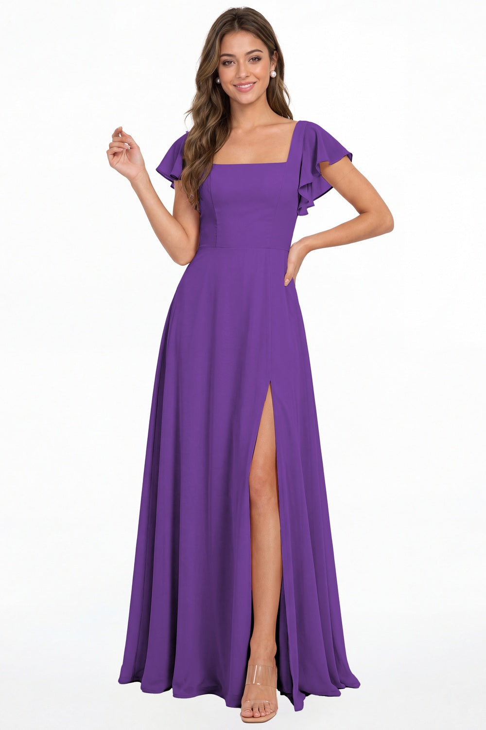 Purple Square Neck Flutter Sleeve Chiffon Slit Maxi Dress - Front View