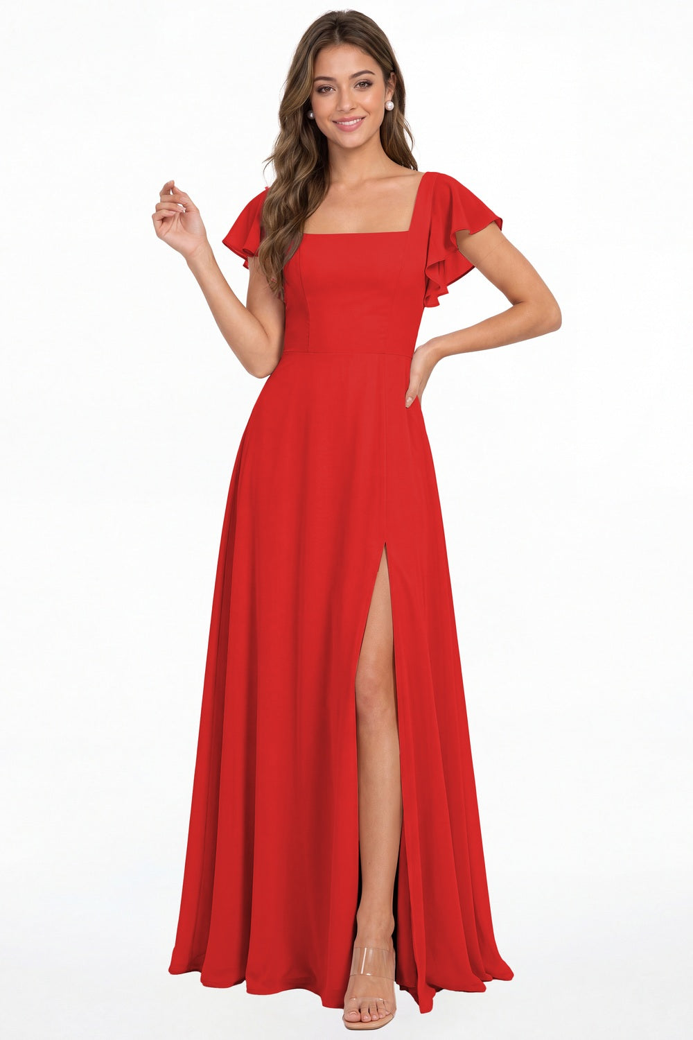 Red Square Neck Flutter Sleeve Chiffon Slit Maxi Dress - Front View