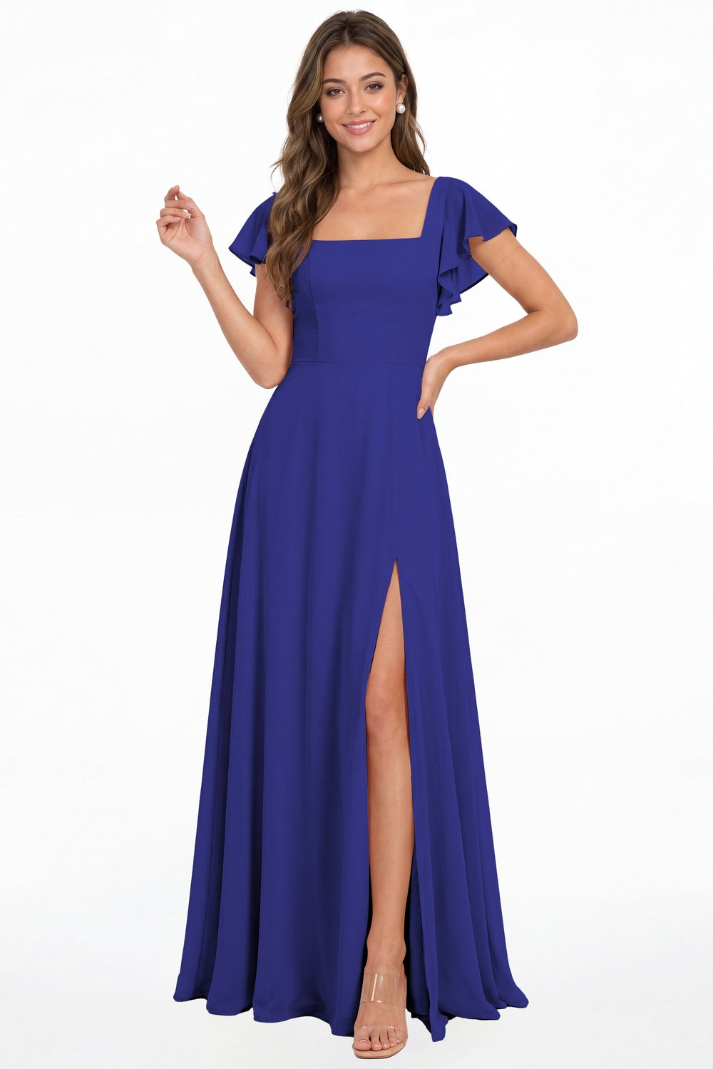 Royal Blue Square Neck Flutter Sleeve Chiffon Slit Maxi Dress - Front View