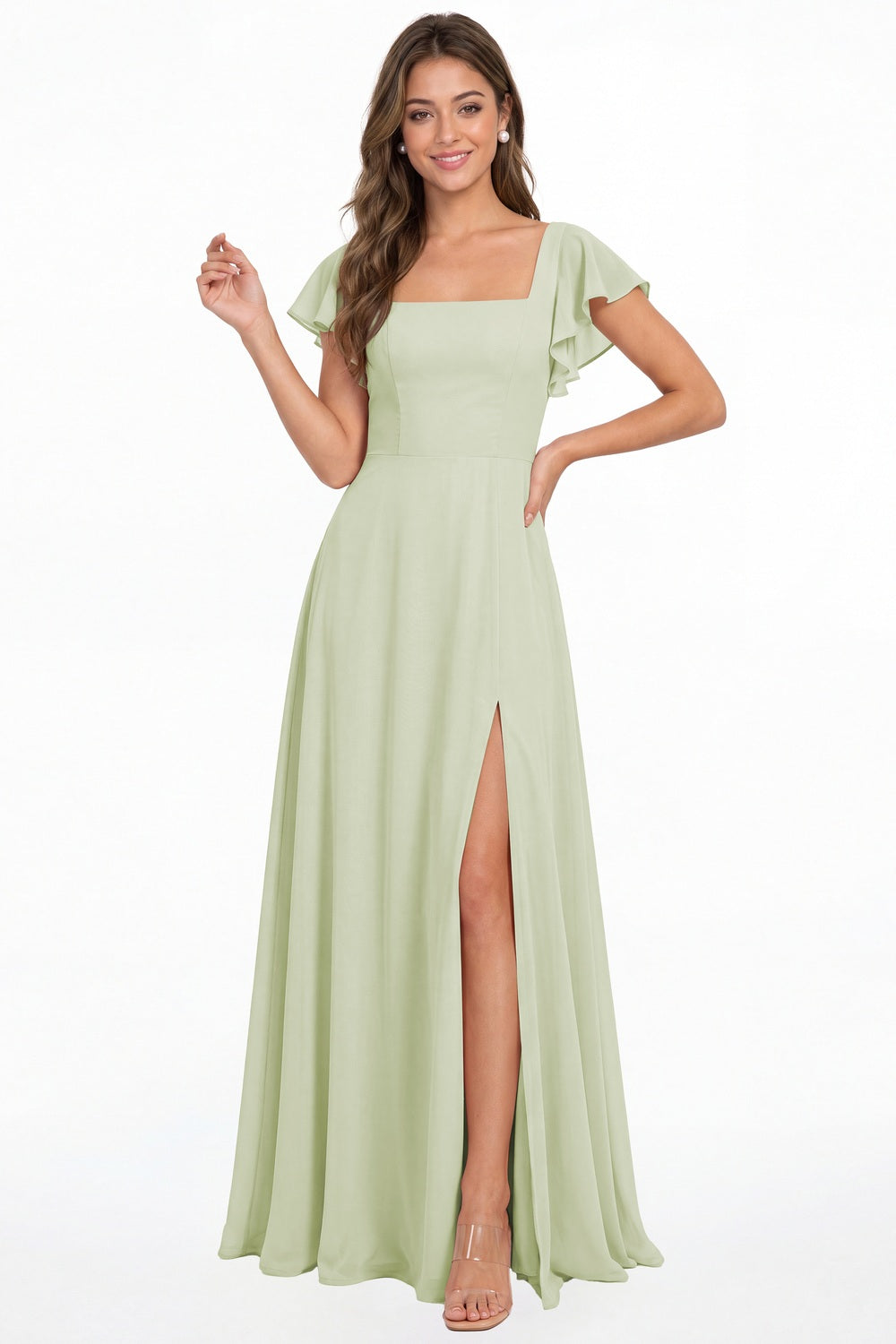 Sage Green Square Neck Flutter Sleeve Chiffon Slit Maxi Dress - Front View