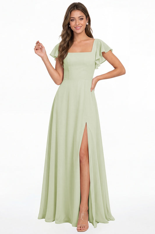 Sage Green Square Neck Flutter Sleeve Chiffon Slit Maxi Dress - Front View
