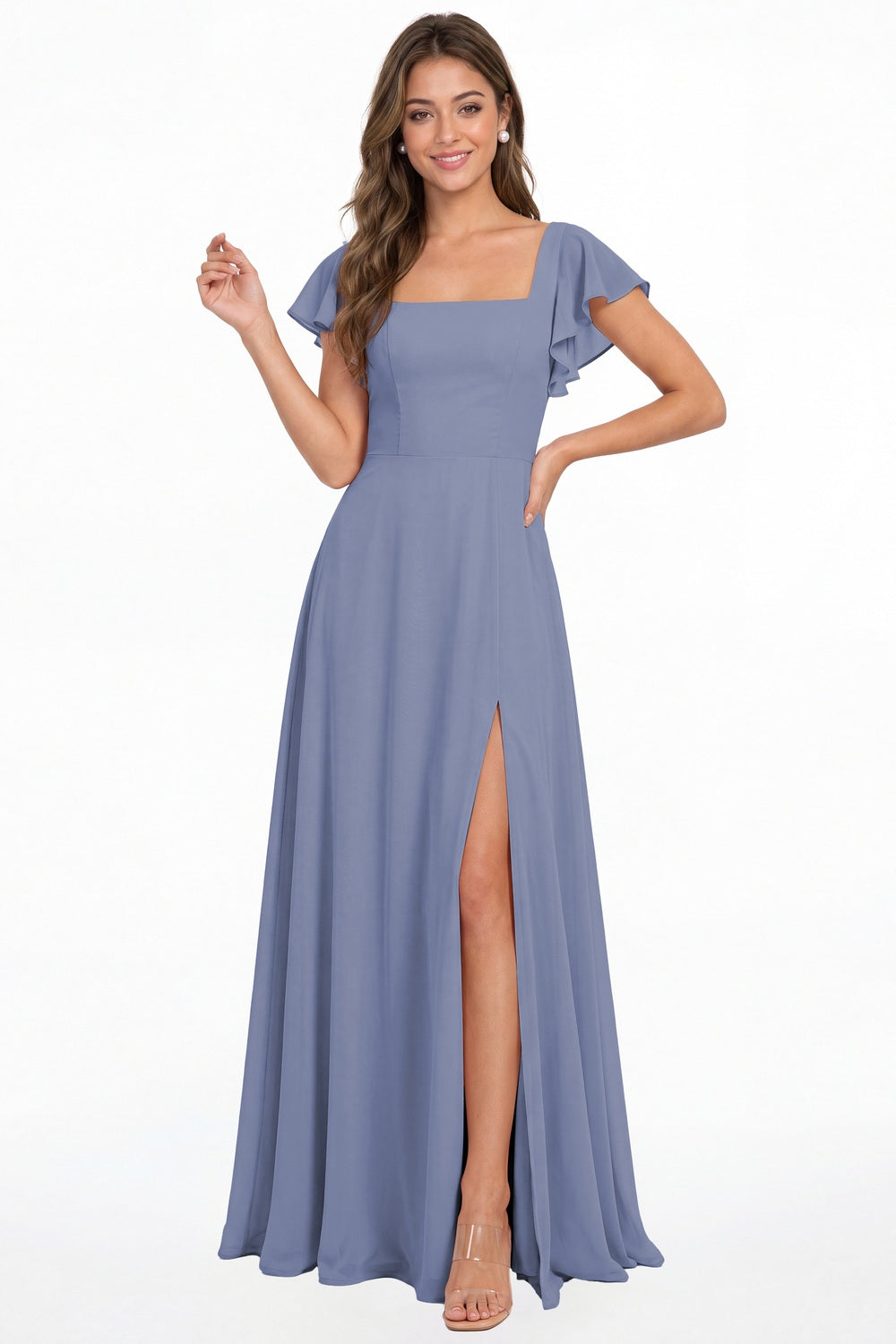 Steel Blue Square Neck Flutter Sleeve Chiffon Slit Maxi Dress - Front View