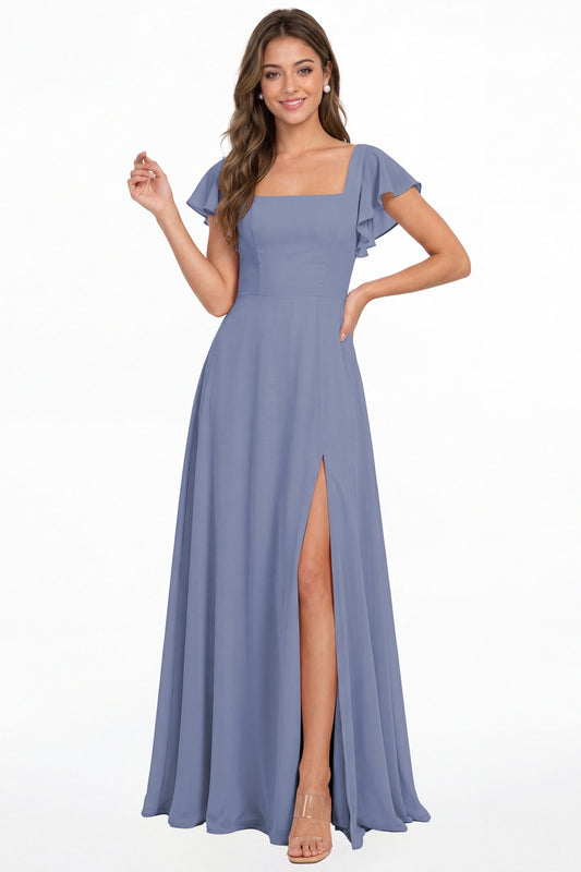 Steel Blue Square Neck Flutter Sleeve Chiffon Slit Maxi Dress - Front View