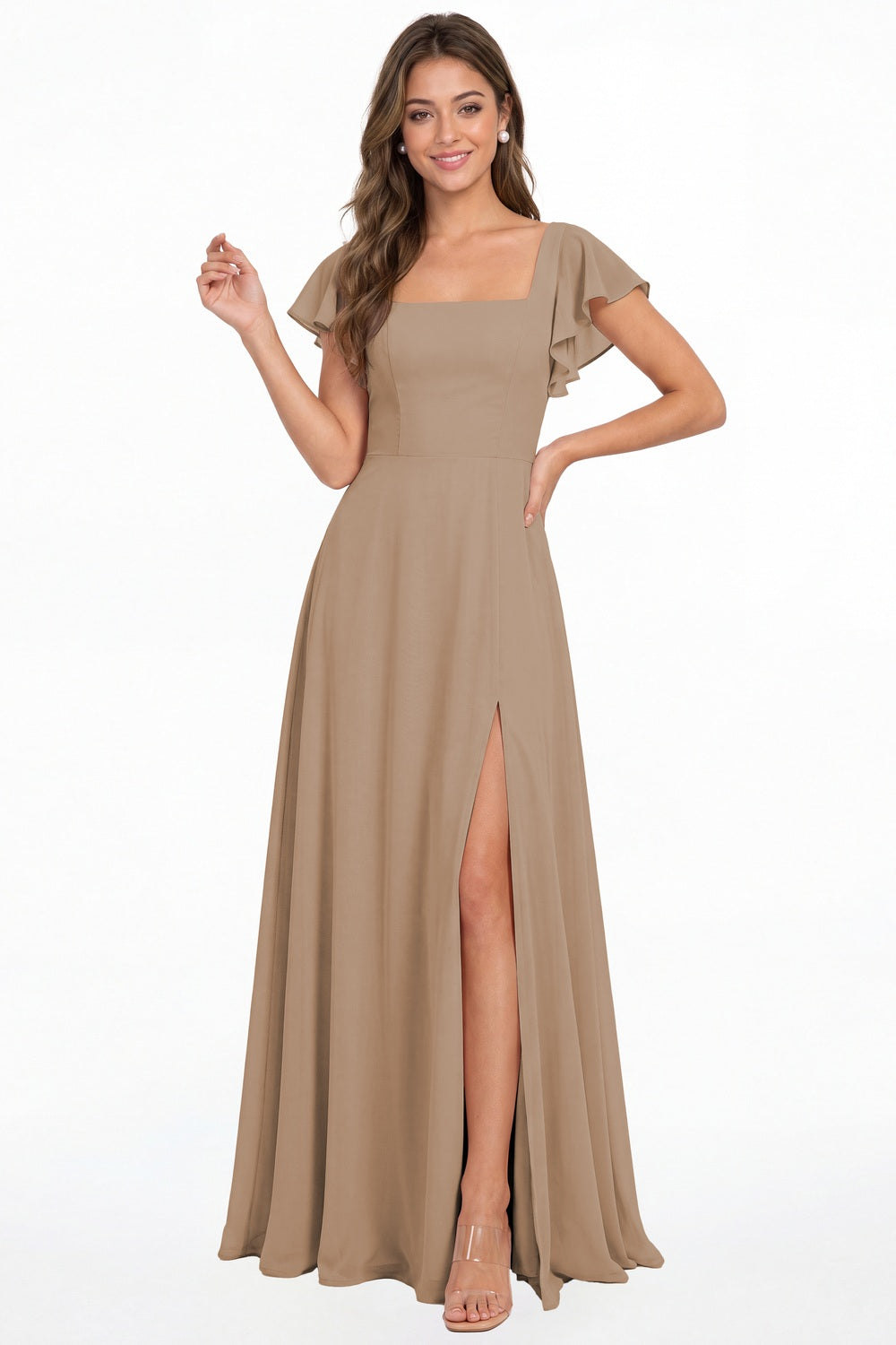 Taupe Square Neck Flutter Sleeve Chiffon Slit Maxi Dress - Front View