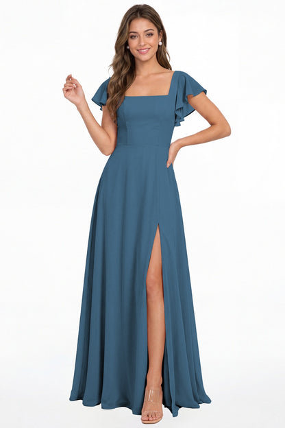 Teal Square Neck Flutter Sleeve Chiffon Slit Maxi Dress - Front View