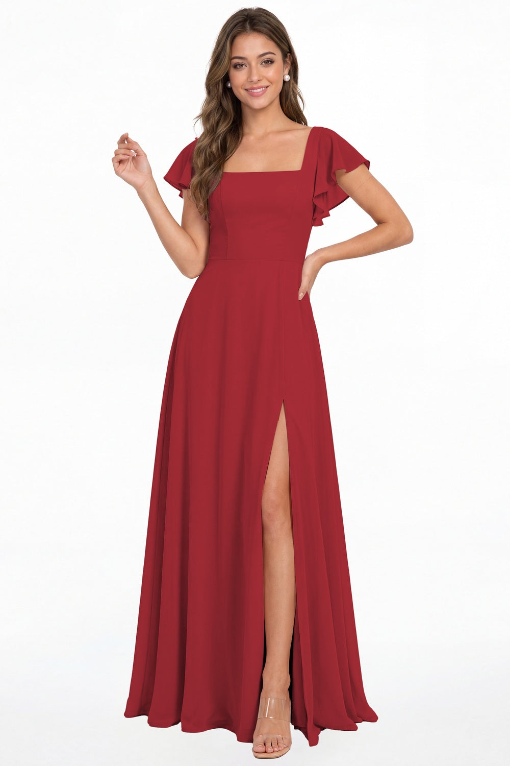 Wine Red Square Neck Flutter Sleeve Chiffon Slit Maxi Dress - Front View