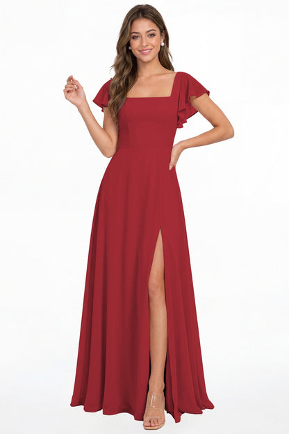 Wine Red Square Neck Flutter Sleeve Chiffon Slit Maxi Dress - Front View