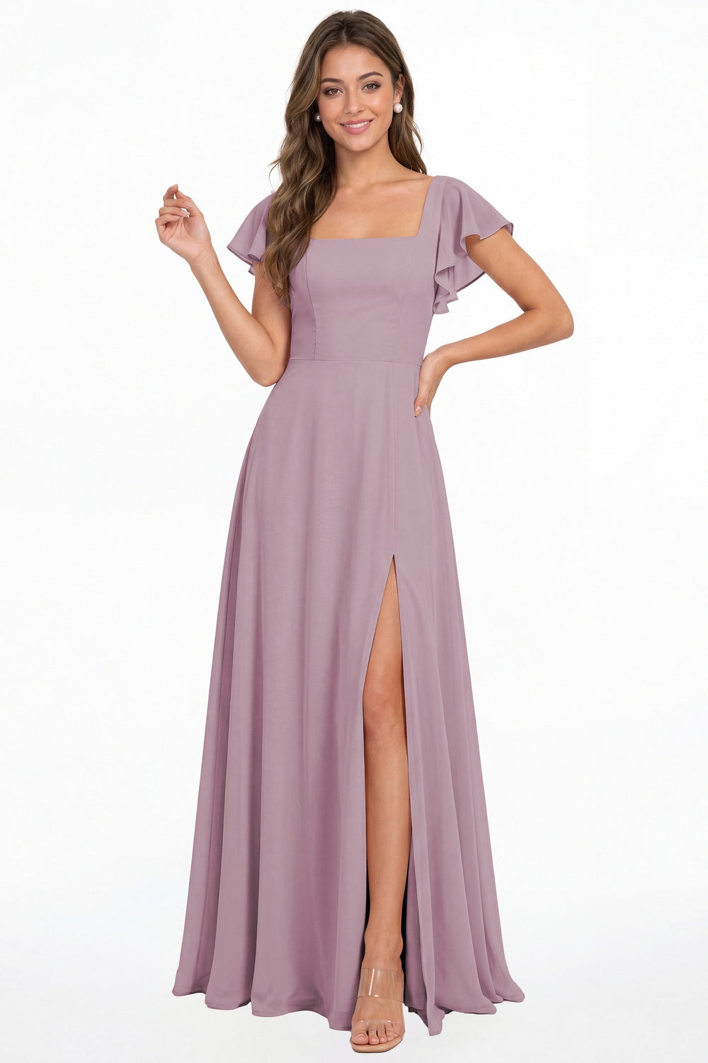 Wisteria Square Neck Flutter Sleeve Chiffon Slit Maxi Dress - Front View