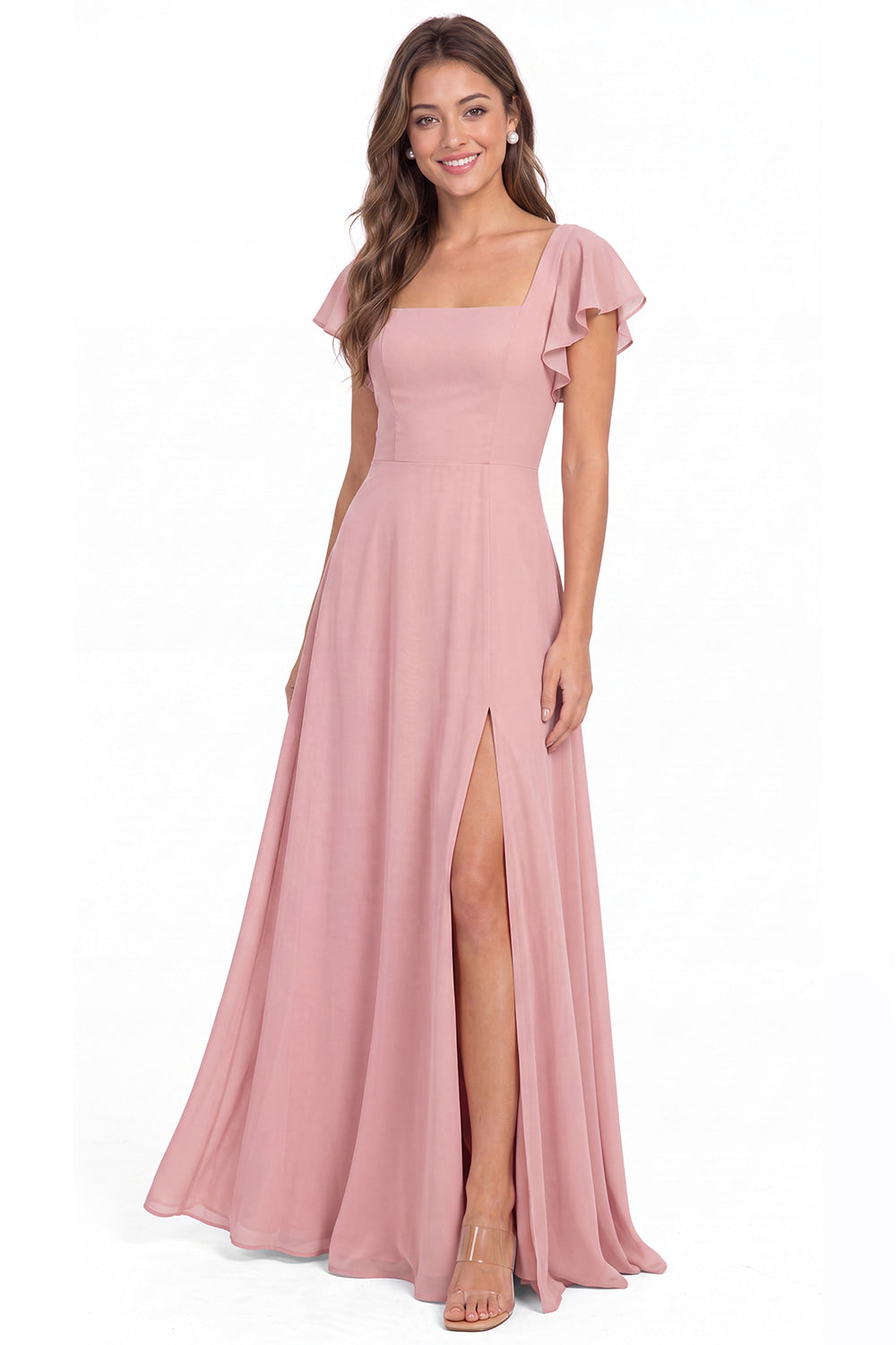 Square Neck Flutter Sleeve Chiffon Slit Maxi Dress - Detail View 1