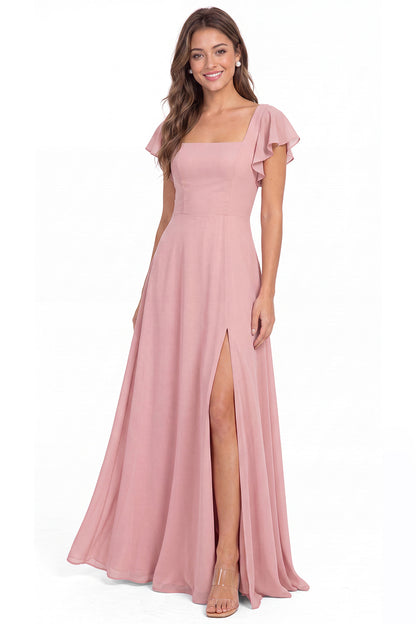 Square Neck Flutter Sleeve Chiffon Slit Maxi Dress - Detail View 1