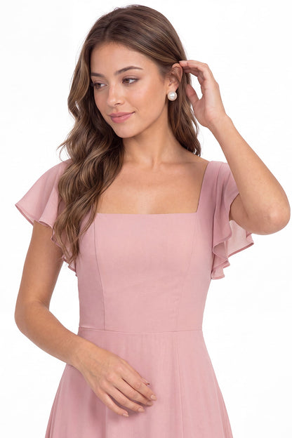 Square Neck Flutter Sleeve Chiffon Slit Maxi Dress - Detail View 2
