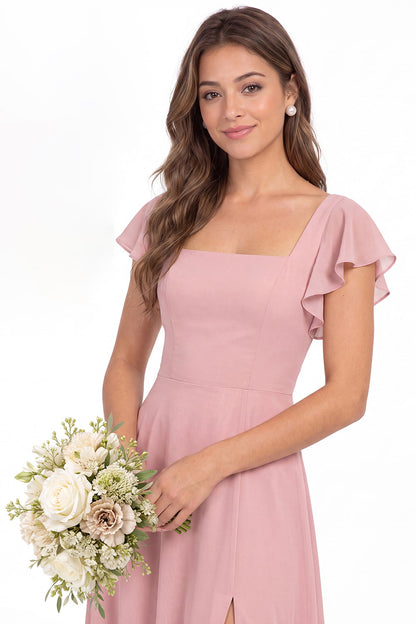 Square Neck Flutter Sleeve Chiffon Slit Maxi Dress - Detail View 3