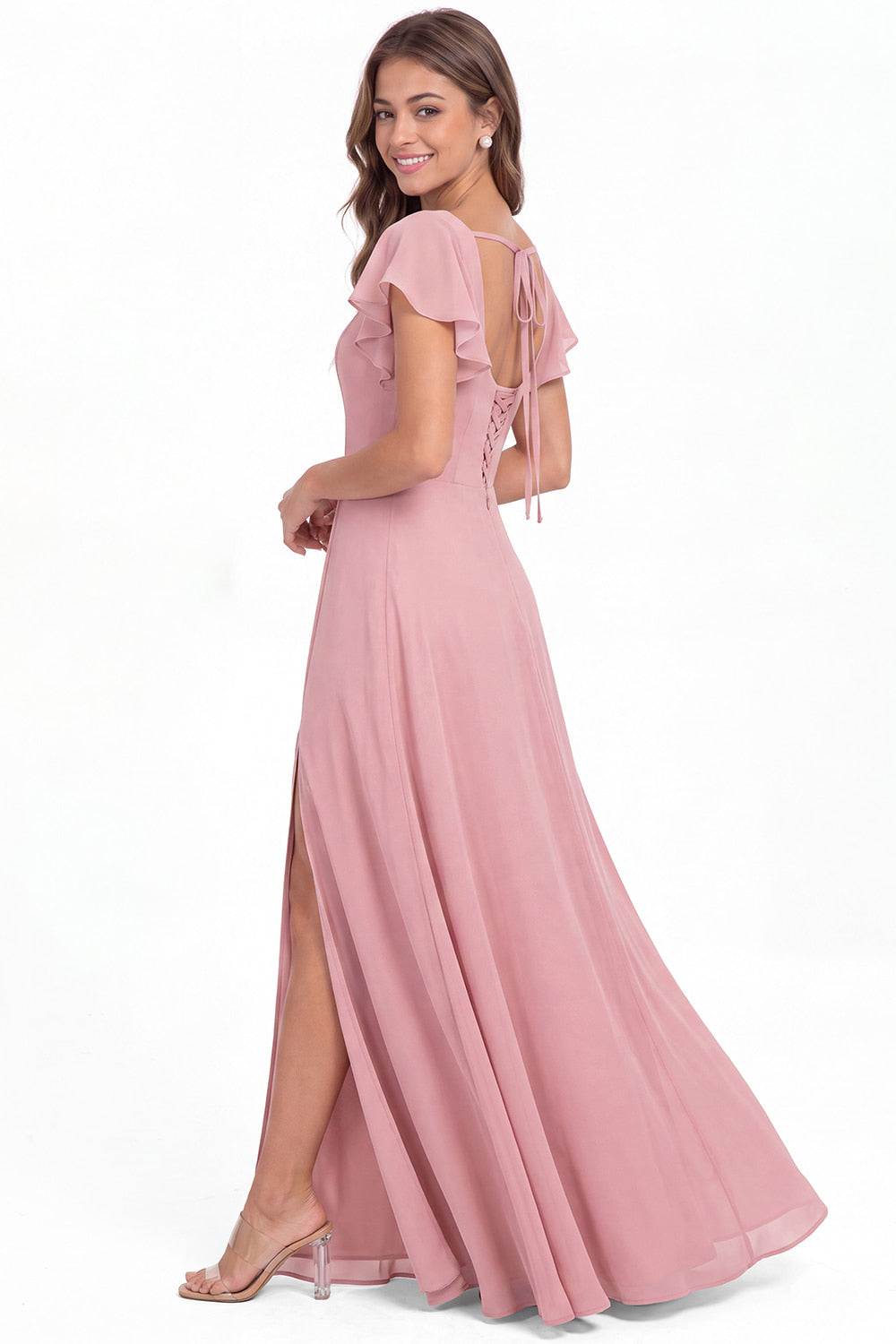 Square Neck Flutter Sleeve Chiffon Slit Maxi Dress - Detail View 4