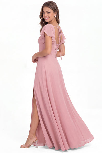 Square Neck Flutter Sleeve Chiffon Slit Maxi Dress - Detail View 4
