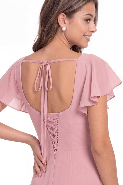 Square Neck Flutter Sleeve Chiffon Slit Maxi Dress - Detail View 5