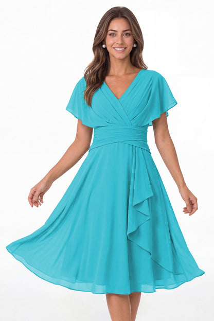 Aqua Blue V Neck Flutter Sleeve Ruched Chiffon Midi Dress - Front View