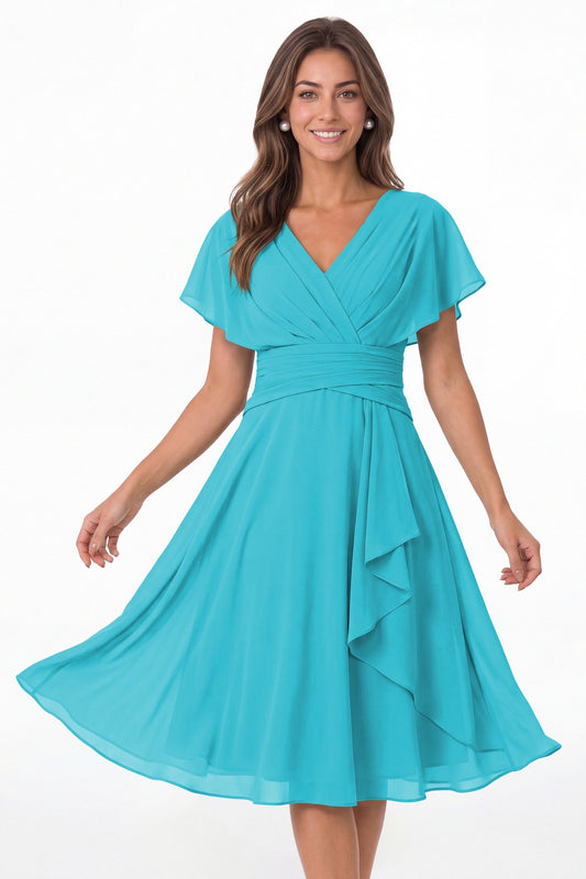 Aqua Blue V Neck Flutter Sleeve Ruched Chiffon Midi Dress - Front View