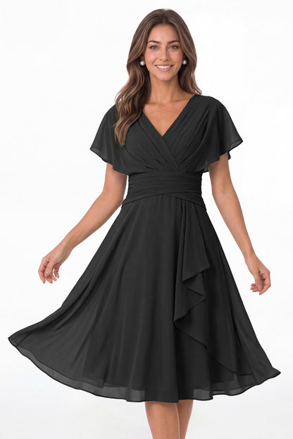 Black V Neck Flutter Sleeve Ruched Chiffon Midi Dress - Front View