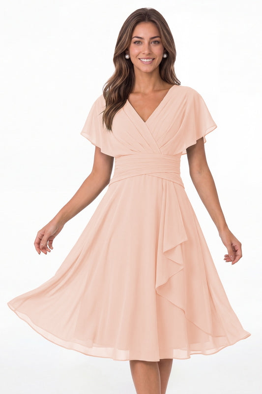 Blush Pink V Neck Flutter Sleeve Ruched Chiffon Midi Dress - Front View