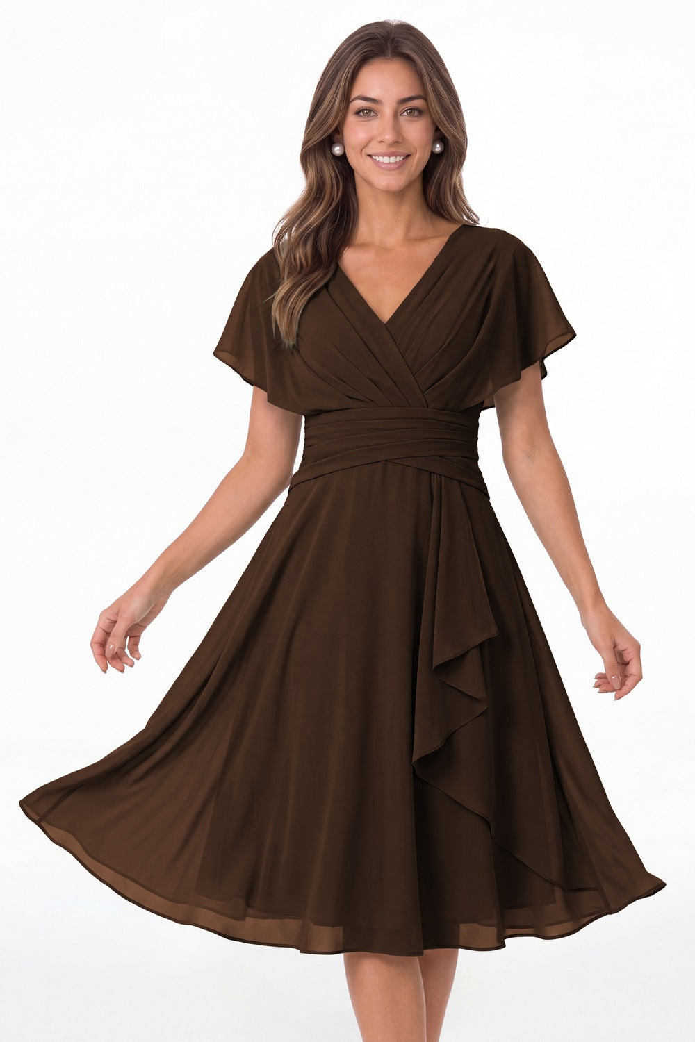 Brown V Neck Flutter Sleeve Ruched Chiffon Midi Dress - Front View