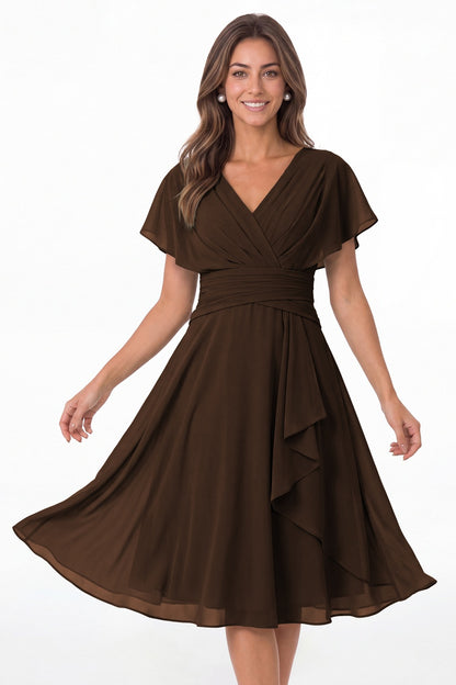 Brown V Neck Flutter Sleeve Ruched Chiffon Midi Dress - Front View