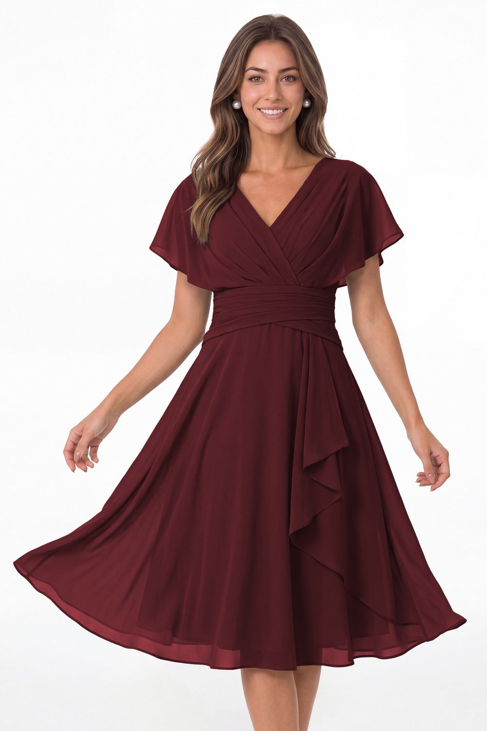 Burgundy V Neck Flutter Sleeve Ruched Chiffon Midi Dress - Front View